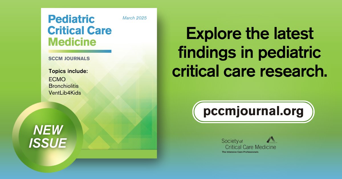 The March 2025 issue of Pediatric Critical Care Medicine is available now! Find the latest research at pccmjournal.org. 

New in this issue: PICU bronchiolitis treatment, RESPOND trial protocol, and kidney outcomes in children receiving ECMO.

#SCCM #PedsICU <a href="/SCCM/">SCCM</a>