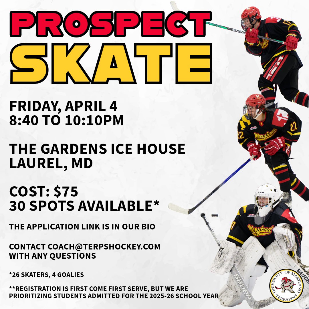CALLING ALL PROSPECTIVE UMD STUDENTS!🚨We will be hosting a prospect skate at The Gardens Ice House on Friday, April 4 from 8:40 to 10:10pm! We have 30 spots available, 26 skaters and 4 goalies. The cost will be $75. Please visit the link in our bio to register!