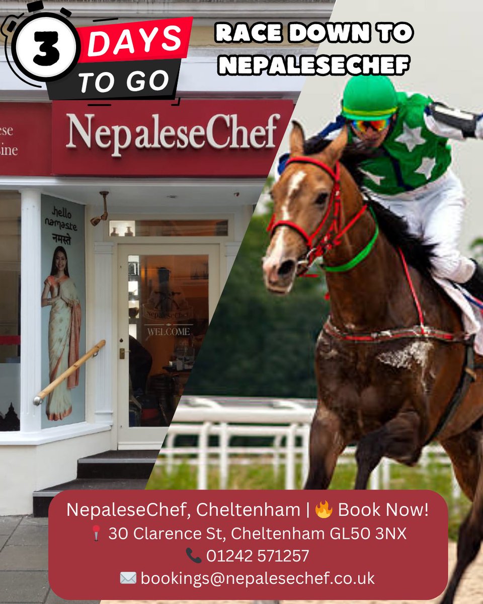 NepaleseChef's tweet photo. ⏰ 3 DAYS TO GO! The countdown to the Cheltenham Festival has begun! 🎉 Get ready for an unforgettable experience with authentic Nepalese flavors.
 🔥 Spots are filling up fast—book your table today!
 #Nepal  #CheltenhamFestival  #BookNow   #Foodie https://t.co/HmZxiTdk8f