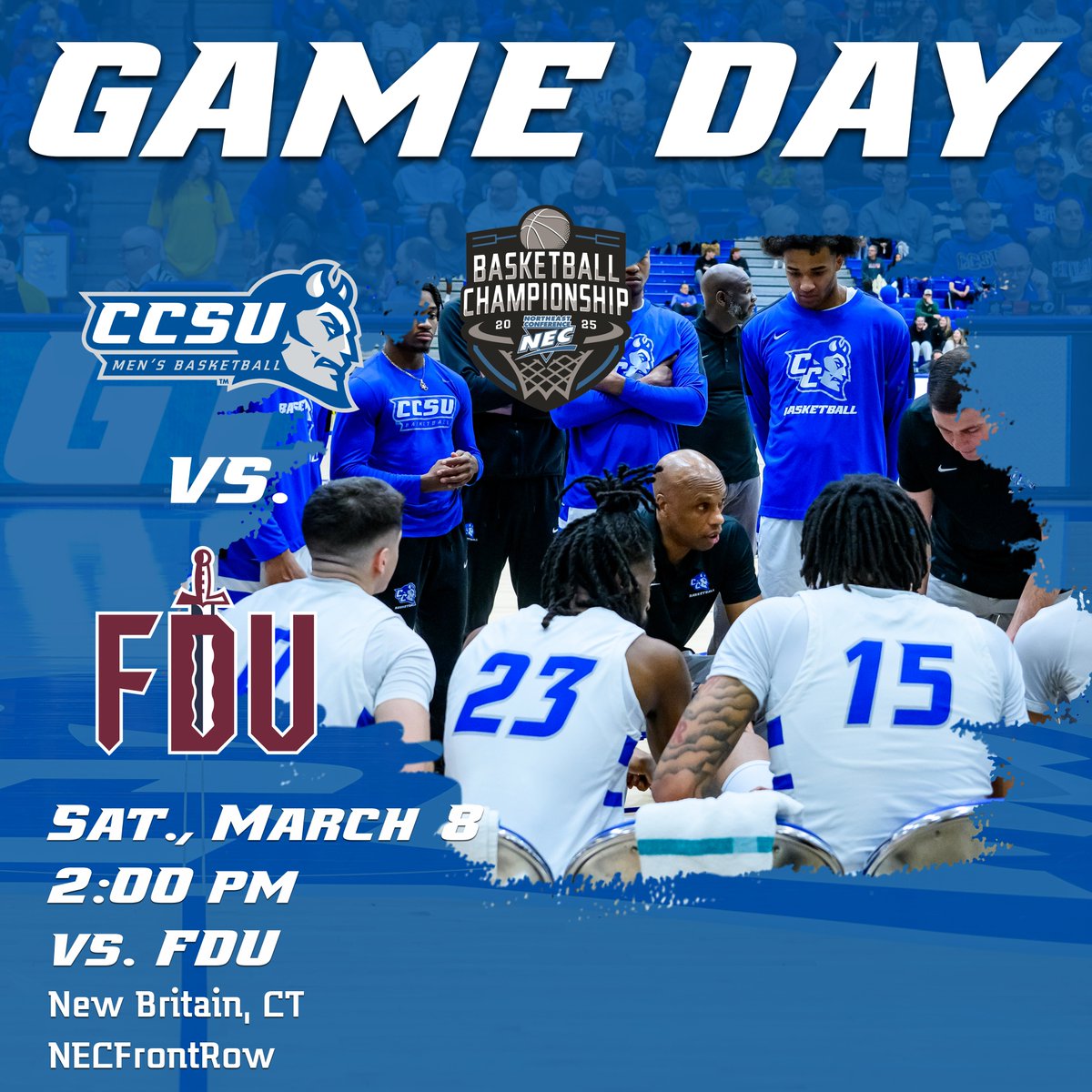 CCSU Blue Devils (@ccsubluedevils) on Twitter photo 🏀 <a href="/CCSU_MBB/">CCSU Men’s Basketball</a> GAMEDAY
*NEC SEMIFINAL*
📆 Sat., March 8
⏰ 2pm vs. FDU
📍 Detrick Gymnasium | New Britain, CT
💻 tinyurl.com/3c6ybsfr (ESPN+)
🎧<a href="/NECFrontRow/">NEC Front Row</a>
📊 tinyurl.com/yww9majf
🎟 ccsubluedevils.com/ccsutickets
📰 🔗 tinyurl.com/3kx33wf3
#GoBlueDevils | #NEC25 | #necmbb 🏀 <a href="/CCSU_MBB/">CCSU Men’s Basketball</a> GAMEDAY
*NEC SEMIFINAL*
📆 Sat., March 8
⏰ 2pm vs. FDU
📍 Detrick Gymnasium | New Britain, CT
💻 tinyurl.com/3c6ybsfr (ESPN+)
🎧<a href="/NECFrontRow/">NEC Front Row</a>
📊 tinyurl.com/yww9majf
🎟 ccsubluedevils.com/ccsutickets
📰 🔗 tinyurl.com/3kx33wf3
#GoBlueDevils | #NEC25 | #necmbb