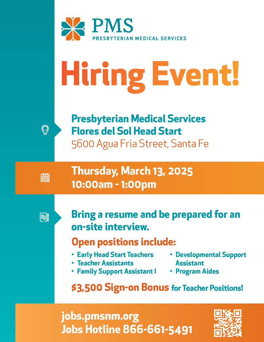 Join our Head Start Team and make a meaningful difference in your community! PMS is hosting an in-person hiring event in Santa Fe!