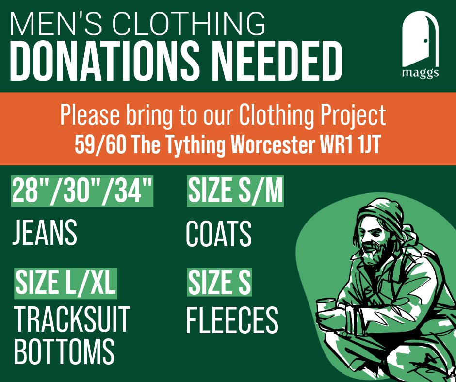 DONATIONS NEEDED

If you have any of these items, please bring them to our Clothing Project (59/60 The Tything, Worcester, WR1 1JT). 

Thank you for your support!

#maggsdaycentre #homeless #worcestershire #homelessness #vulnerable #charity