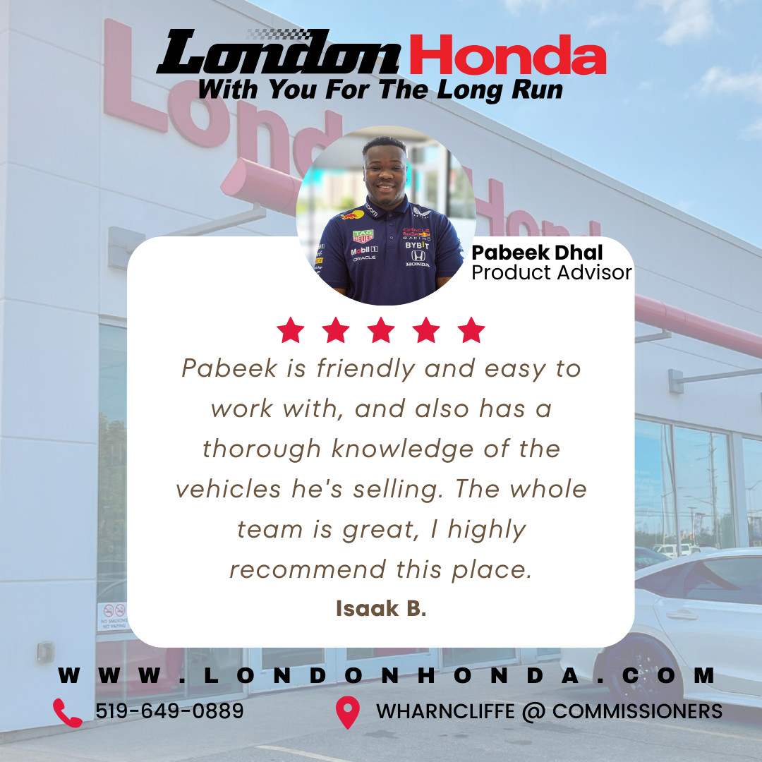 Wow! Isaak B. had an awesome experience at London Honda! 🚗✨ "Pabeek is friendly, knowledgeable, and easy to work with. The whole team is great!" Excellent service and friendly staff - that's the London Honda difference! #LondonHonda #HondaFamily 
bit.ly/3TmtGsR