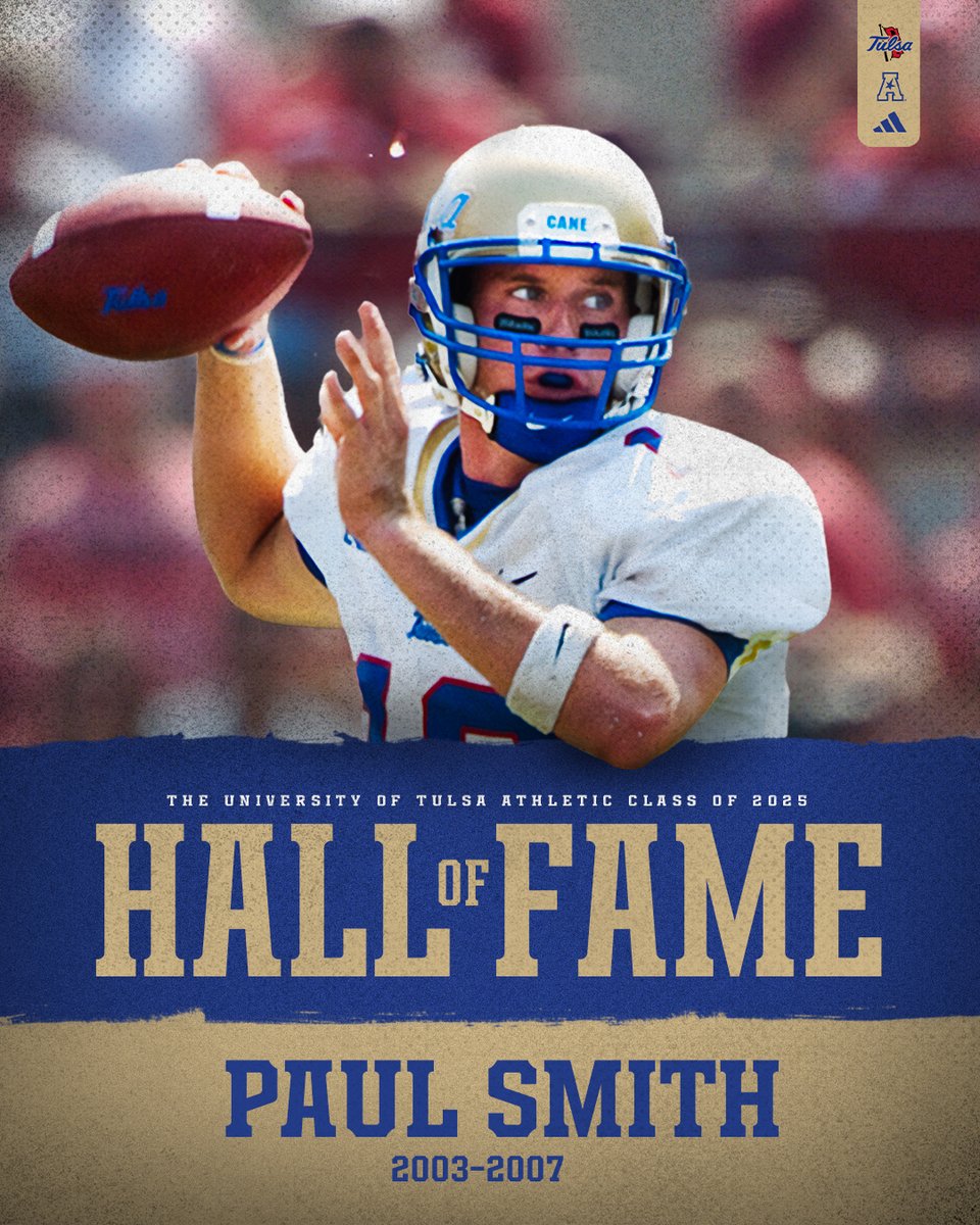 Tulsa Football (@tulsafootball) on Twitter photo Enshrined forever 🌀
Paul Smith <a href="/TUQB12/">Paul Smith</a> has been named to the University of Tulsa's 2025 Athletic Hall of Fame Class
🔗: t.ly/M9m04
#ReignCane Enshrined forever 🌀
Paul Smith <a href="/TUQB12/">Paul Smith</a> has been named to the University of Tulsa's 2025 Athletic Hall of Fame Class
🔗: t.ly/M9m04
#ReignCane