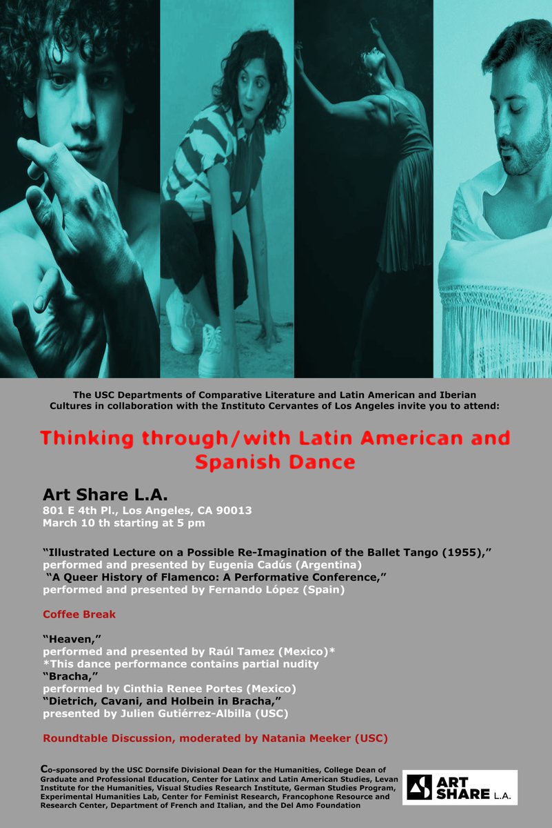 Center for Latinx & Latin American Studies at USC (@latinx_usc) on Twitter photo Looking forward to March 10: *Thinking through/with Latin American and Spanish Dance* alongside creatives from Argentina, Spain, and Mexico.
Performances and disussion to be held at <a href="/ArtShare_LA/">Art Share L.A.</a>!
See more artsharela.org/event/thinking… Looking forward to March 10: *Thinking through/with Latin American and Spanish Dance* alongside creatives from Argentina, Spain, and Mexico.
Performances and disussion to be held at <a href="/ArtShare_LA/">Art Share L.A.</a>!
See more artsharela.org/event/thinking…