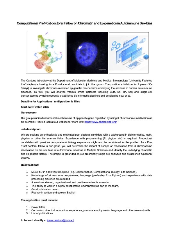 CantoneIrene's tweet image. A #computational #Postdoc position is available in my lab to dive into #chromatin mediated #epigenetic mechanisms underlying #autoimmune reactions in #MultipleSclerosis! Please RT