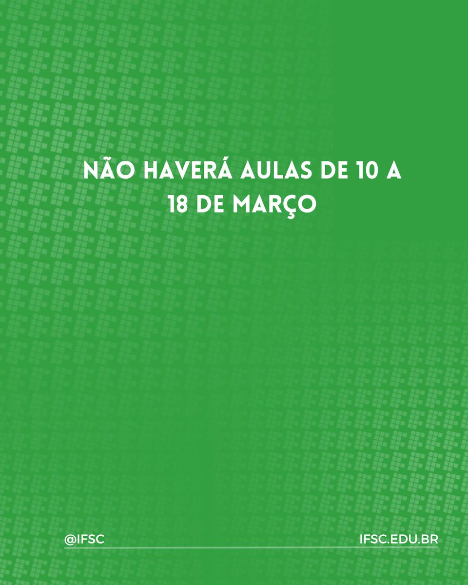 Informamos que, de 10 a 18 de março, não haverá aulas, por conta do recesso que marca o encerramento do segundo semestre de 2024 em 7 de março e o início do primeiro semestre  em 19 de março. bit.ly/recesso20251