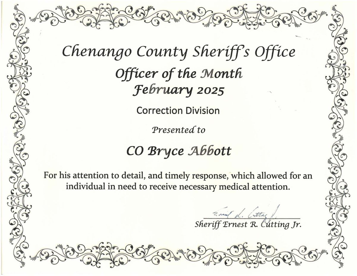ChenangoSheriff's tweet photo. February 2025 Officer of the Month https://t.co/i1yVvL5T4B https://t.co/P5RCBqlM7E