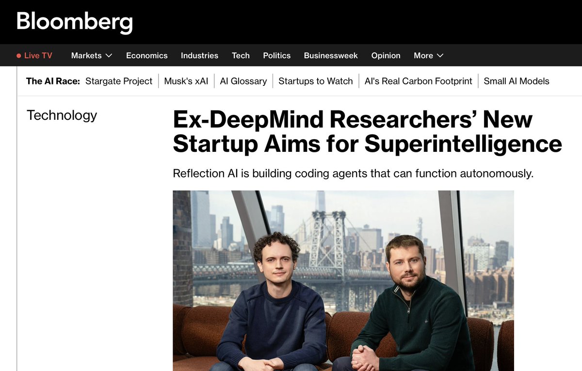 kimmonismus's tweet photo. Ex-Google DeepMind scientists starting to develop Superintelligence: ReflectionAI

Reflection’s lofty mission focuses on building tools that have full autonomy rather than simply serving as a kind of co-pilot or assistant, achieving superintelligence through AI-powered coding agents capable of self-direction.

The startup expects that approach to lead more quickly to superintelligence — or AI that is smarter than most humans, more broadly.

The company is focused on first automating tedious and rote engineering work, such as migrating software databases or refactoring code.

Interesting that everyone is now building ASI directly instead of AGI. Anthropic is probably right that ASI will exist by 2027 at the latest. In any case, more and more researchers now believe this!