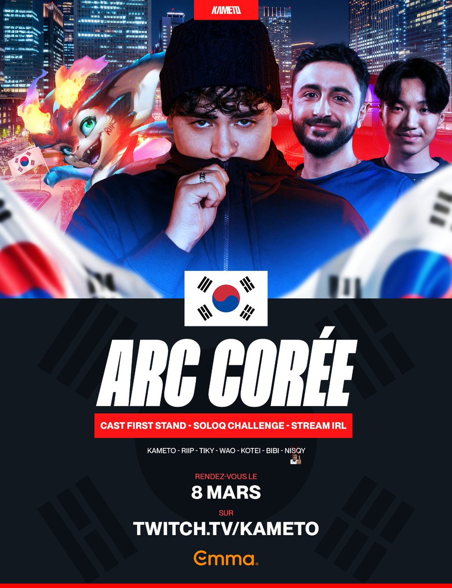 ARC RUSH COREE AVEC LA KTV 🇰🇷

CAST DU FIRST STAND #KCORP 
RUSH SOLOQ
STREAMS IRL
CONTENU EXCLUSIF TIKTOK INSTA

CA VA ÊTRE EXCEPTIONNEL JE SUIS TELLEMENT HYPE
