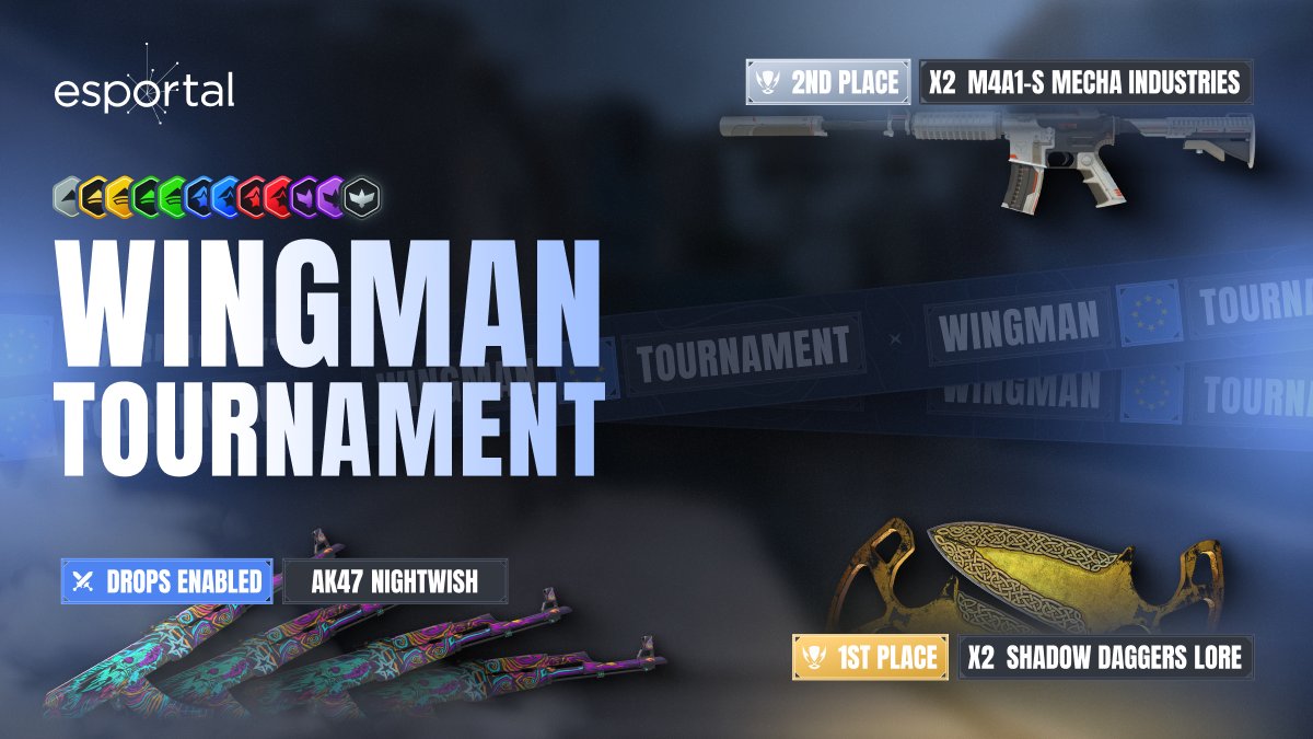 🔥 NEW WINGMAN TOURNAMENT AT ESPORTAL! 🔥

Prize Pool
🥇 1st Place – X2 Shadow Daggers | Lore (Field-Tested) + 30 Days of Premium
🥈 2nd Place – X2 M4A1-S | Mecha Industries (Factory New) + 30 Days of Premium

WHEN?
Sunday 9th of March 15:00 CET

Grab a friend, create a Team and