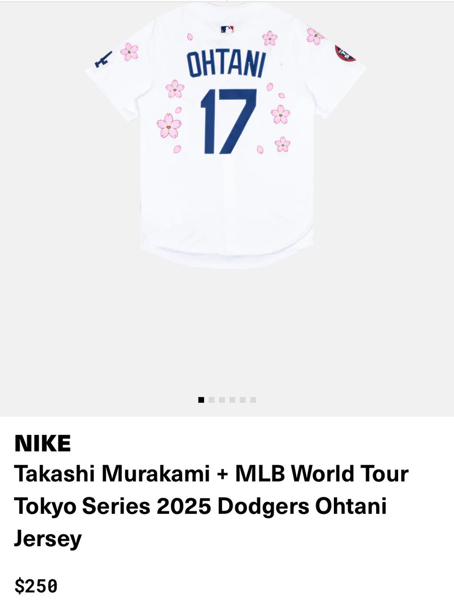 parabane3's tweet photo. 村上隆×MLB東京シリーズ開幕戦コラボ大谷さんユニフォーム購入！桜が可愛い！高いから？販売枚数が多いから？余裕で購入出来た！あとは…ちいかわコラボのドジャースのマスコットが欲しい https://t.co/vXF0FElQln
