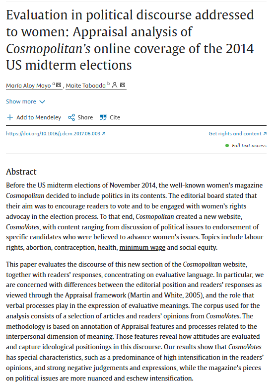 🚨Free access to some articles to commemorate #InternationalWomensDay!
🟪In 2017, <a href="/MariaAloyMayo/">MariaAloyMayo</a> &amp; <a href="/maite_taboada/">Maite Taboada</a> analysed news on #womensrights &amp; politics in Cosmopolitan. 
🟣Applying Appraisal theory, they identified different layers of attitude.

🔗bit.ly/4kytCSs