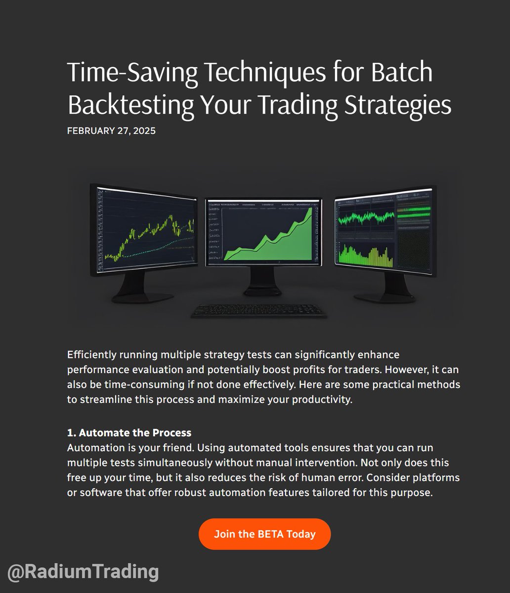 RadiumTrading's tweet photo. https://t.co/S1ZtWR0tyk Efficiently running multiple strategy tests can significantly enhance performance  evaluation and potentially boost profits for traders. However, it can  also be time-consuming if not done effectively. Here are some practical  methods to streamline this process and maximize your productivity.

1. Automate the Process
Automation  is your friend. Using automated tools ensures that you can run multiple  tests simultaneously without manual intervention. Not only does this  free up your time, but it also reduces the risk of human error. Consider  platforms or software that offer robust automation features tailored  for this purpose.

#RadiumTradingPlatform #Radium #MachineLearning #DayTrading #HedgeFund #Quant #StockMarket #AlgoTrading
