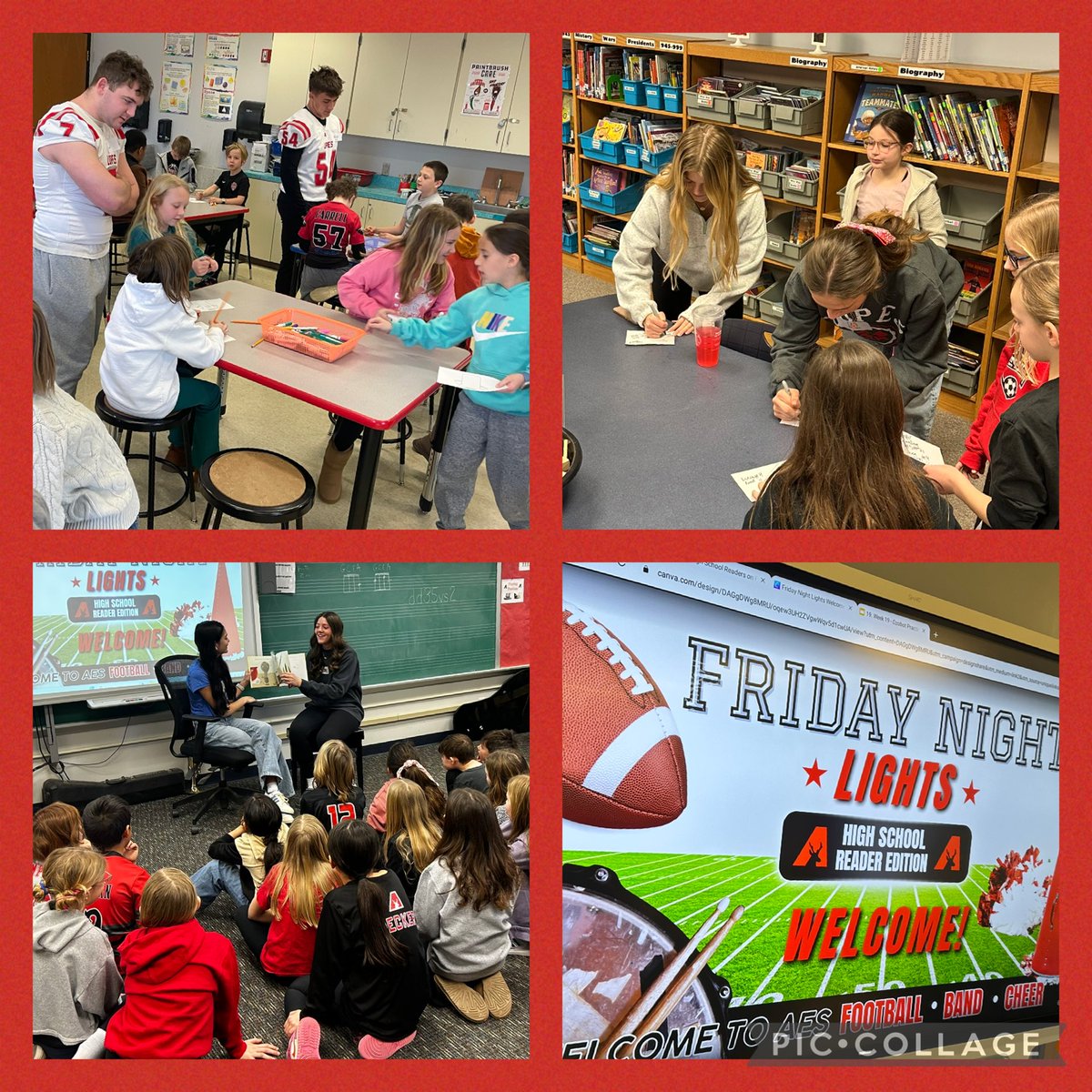 MrsOsbornAES's tweet photo. To cap off our Read Across America Activities at AES this week, we had “Friday Night Lights” 🏈 🎵 📣 readers visit from AHS! So much fun!!! #AESLLC #librarylife https://t.co/1tPeLVtAIB