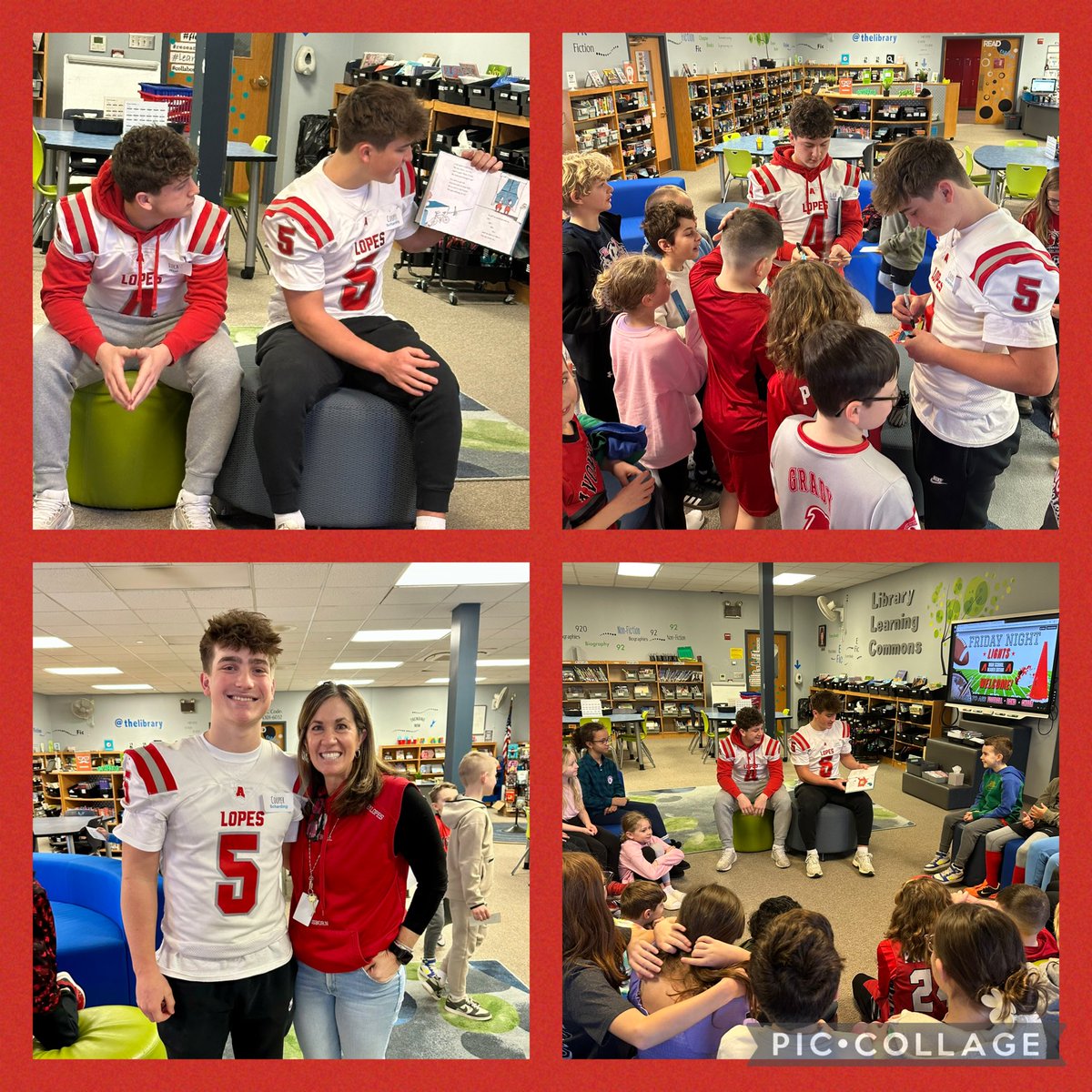MrsOsbornAES's tweet photo. To cap off our Read Across America Activities at AES this week, we had “Friday Night Lights” 🏈 🎵 📣 readers visit from AHS! So much fun!!! #AESLLC #librarylife https://t.co/1tPeLVtAIB