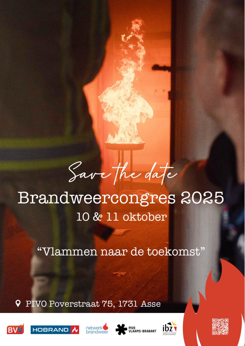 Save the date ! Brandweercongres 2025 :
Vlammen naar de toekomst .

Deel,like en scan de QR in het vlammetje van BVV. 
#Hobrand #bvv #netwerkbrandweer #pivo
<a href="/volgers/">Oscar Volgers</a>