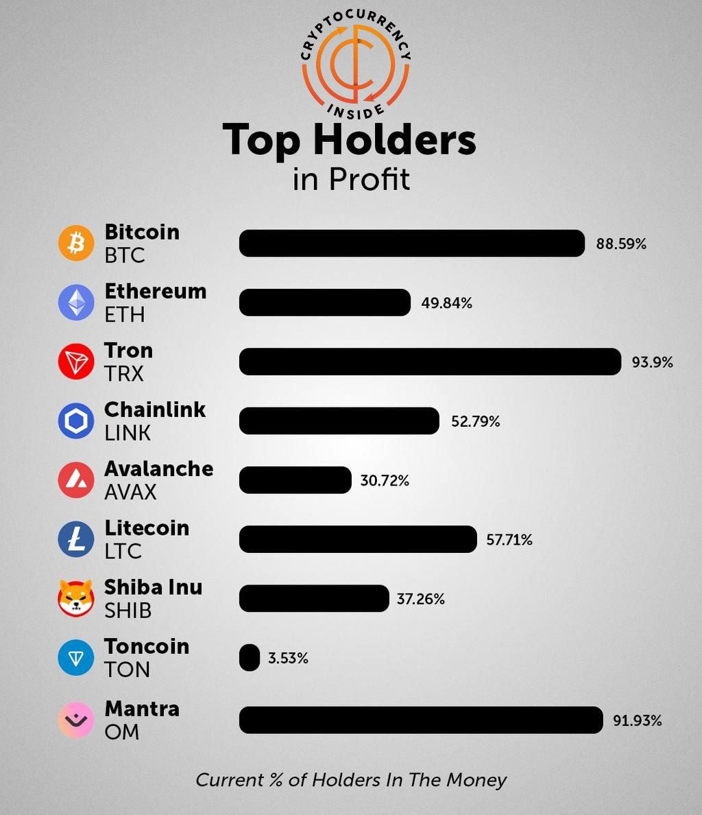 🚀 Top Crypto Holders in Profit • Bitcoin (BTC): 88.59% 📈 • Ethereum  (ETH): 49.84% • Tron (TRX): 93.9% 🔥 • Chainlink (LINK): 52.79% • Avalanche  (AVAX): 30.72% • Litecoin (LTC): 57.71% • Shiba Inu (SHIB): 37.26% •  Toncoin (TON): 3.53% • Mantra (OM ...