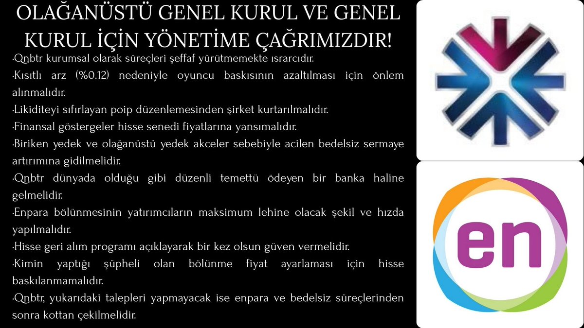 Yatırımcıları olarak Olağanüstü Genel Kurul ve Genel Kurul öncesi <a href="/qnbtr/">QNB Türkiye</a> Yönetim Kurulu'na açık çağrımızdır!

<a href="/QNBGroup/">QNBGroup</a> <a href="/Enparacom/">Enpara</a> #qnbtr #enpara