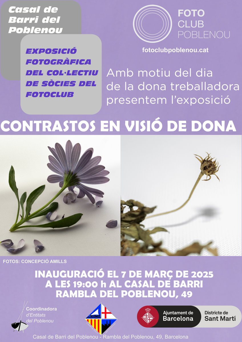 🟣 Queda inaugurada la nova exposició fotogràfica al Casal de Barri!✨

Contrastos en visió de dona reflexiona entorn de la lluita de la dona treballadora♀️💪🏼. L'exposició ha estat concebuda pel <a href="/FotoclubPoble9/">Fotoclub Poblenou</a>  

La podreu visitar fins a finals de març!

#Poblenou