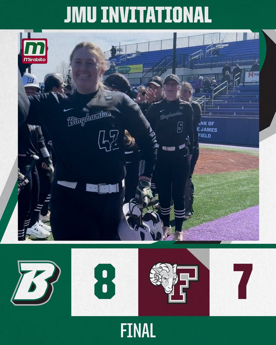 WOW!!!!

It's the largest comeback victory for the Bearcats in their 24-year NCAA Division I era. Binghamton comes from six runs down (7-1) to beat Fordham 8-7!!!!

Rachel Carey with a grand slam, Emma Lawson with 3 RBI and Olivia Kennedy with a career-high 12 strikeouts!!

#AESB