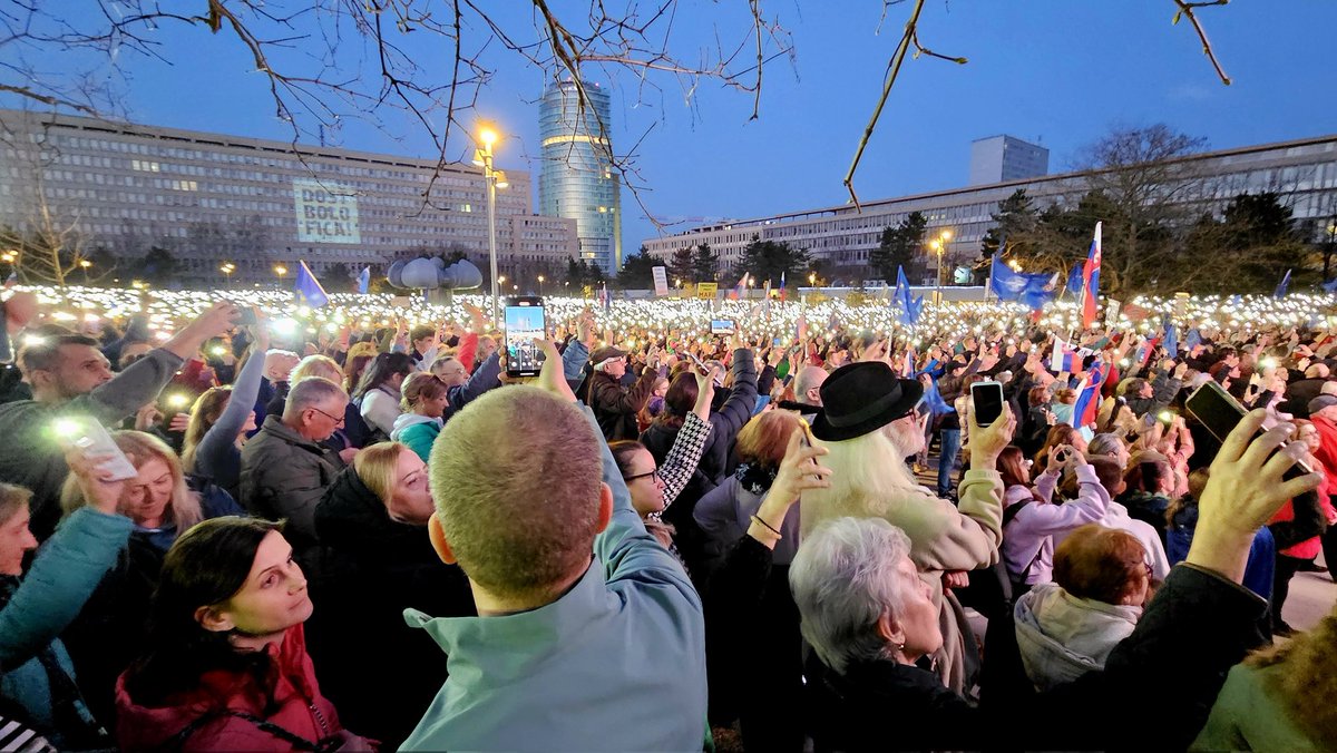 Slovakia is Europe! Civil protest against the government of PM Robert Fico and against cooperation with Putin's Russia. Freedom Square, Bratislava, Slovakia, 7.3.2025