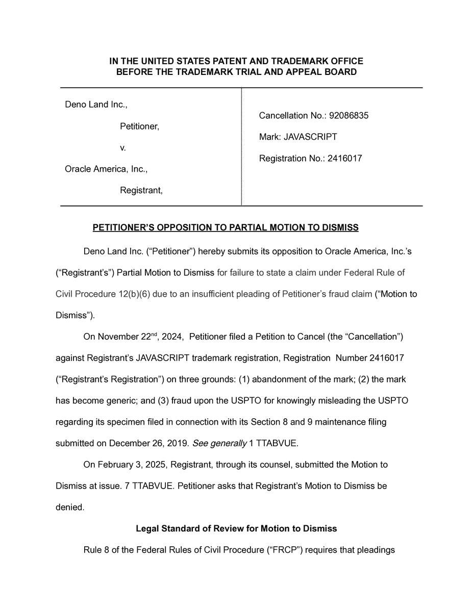 deno_land's tweet image. #FreeJavaScript update: We just responded to Oracle's Motion to Dismiss our fraud claim in the JavaScript trademark cancellation.
Oracle argues submitting one valid specimen excuses submitting a fraudulent one. Our position: one legitimate submission doesn't erase another…