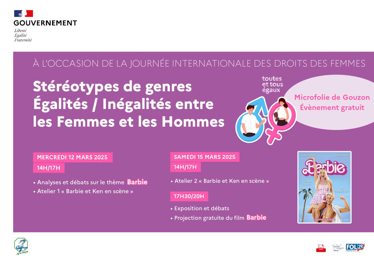 Prefet23's tweet photo. #ToutesEtTousEgaux | Journée internationale des Droits des Femmes – 8 mars 2025
La #Pref23, ARRAVIC23 et la FOL23 vous proposent une action sur les Stéréotypes de genres – Égalités / Inégalités entre les Femmes et les Hommes, autour du film « Barbie », à la Micro Folie de Gouzon. https://t.co/uXkkFrJnU2
