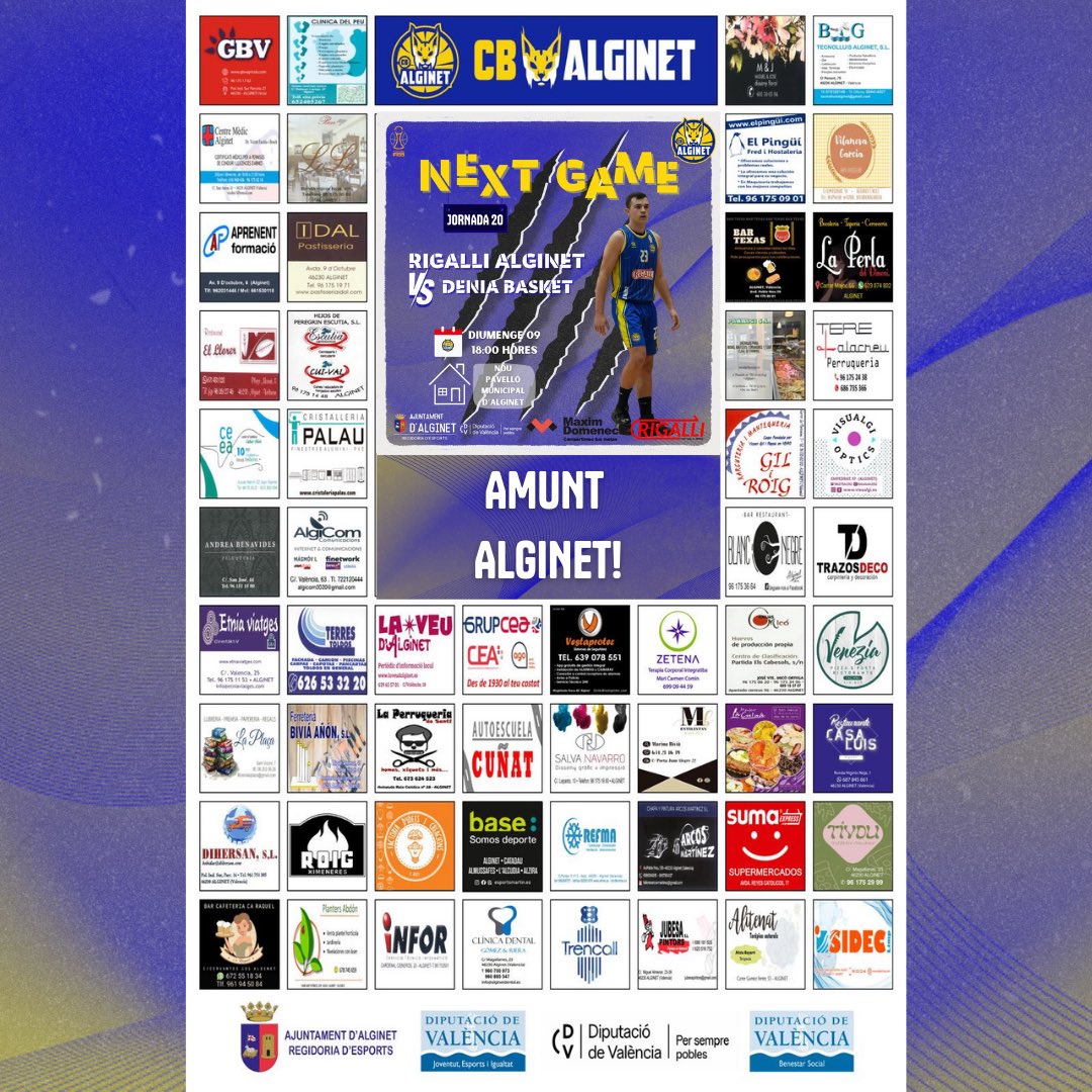 NEXT GAME👀🔥

El Rigalli Alginet torna a casa per a enfrontar-se al Denia Basket en la Jornada 20🗓️ El partit tindrà lloc aquest diumenge a les 18:00 al Nou Pavelló Municipal📍

Al primer encreuament de lliga, els nostres guanyaren com a visitants 6️⃣0️⃣ a 8️⃣3️⃣ 

Amunt Alginet💙💛