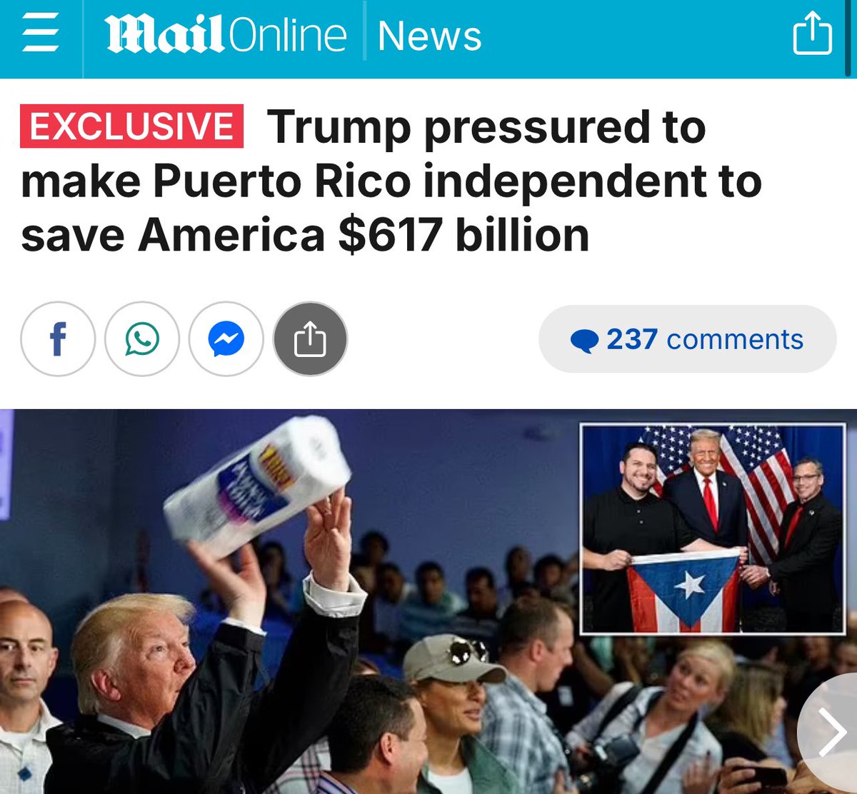 LeninPR's tweet photo. AHORA: Periódico británico @DailyMail publica que Trump está siendo cabildeado por congresistas para convertir a Puerto Rico en independiente para economizarle a EEUU $617billones. Dice medio que existe borrador de una orden ejecutiva para ser firmada por Trump. https://t.co/T6V5Q1ziyM