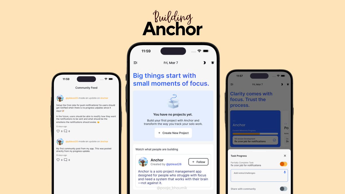 pooja_bhaumik's tweet image. Anchor – the solo project management app designed for users who struggle with focus – will be available for beta testing next week! 😌
I've spent the past week just making it look good & fixing bugs (still plenty to do) but I think it’s time to open it up to a small group of…