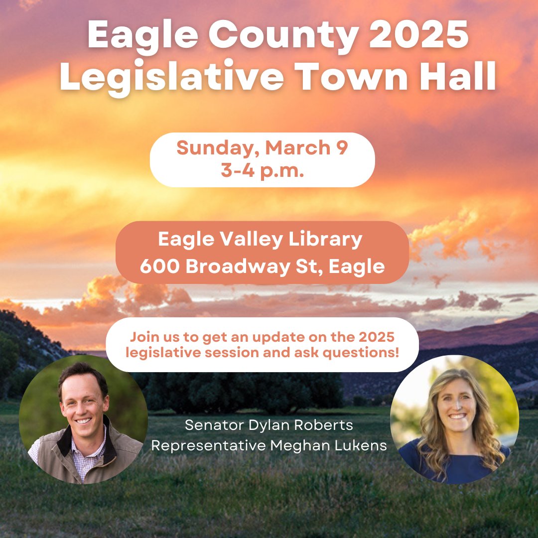 Meghan Lukens (@meghanlukens) on Twitter photo 📣 Eagle County: Join me and <a href="/Dylan_RobertsCO/">Dylan Roberts</a> at 3 p.m. this Sunday, March 9, at Eagle Public Library for our Mid-Legislative Session Town Hall. We will discuss the 2025 legislative session, including our bills and answer any questions. We look forward to seeing you there! 📣 Eagle County: Join me and <a href="/Dylan_RobertsCO/">Dylan Roberts</a> at 3 p.m. this Sunday, March 9, at Eagle Public Library for our Mid-Legislative Session Town Hall. We will discuss the 2025 legislative session, including our bills and answer any questions. We look forward to seeing you there!