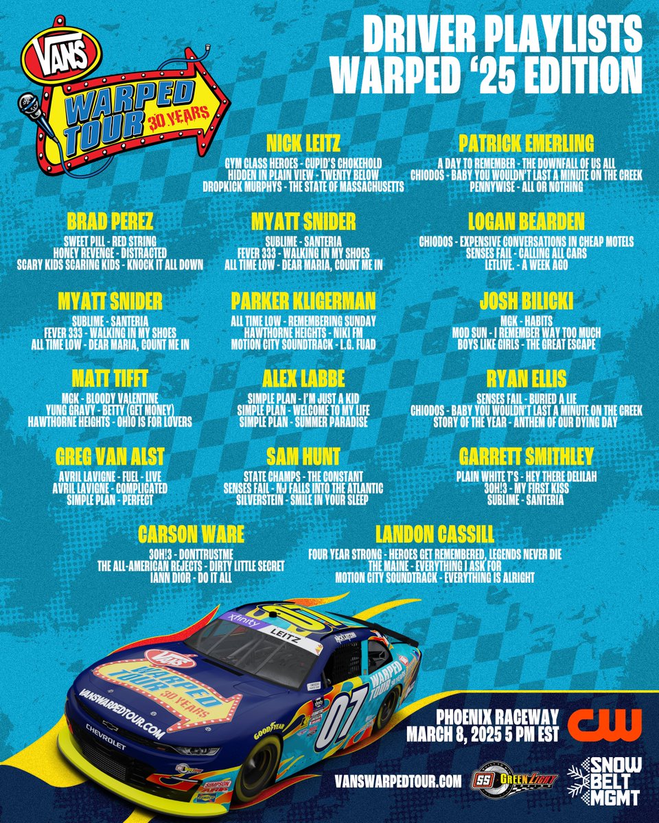 join us tmrw for live updates from the Phoenix Raceway as the <a href="/SSGLR0708/">SS GreenLight Racing</a> team sport a Vans Warped Tour 30th Anniversary car on the track! and don’t forget to check out what the drivers are bumping from our lineup 🏎️ @nickleitz_ <a href="/snowbeltmgmt/">Snow Belt MGMT</a> @nascar_xfinity @xfinityracing