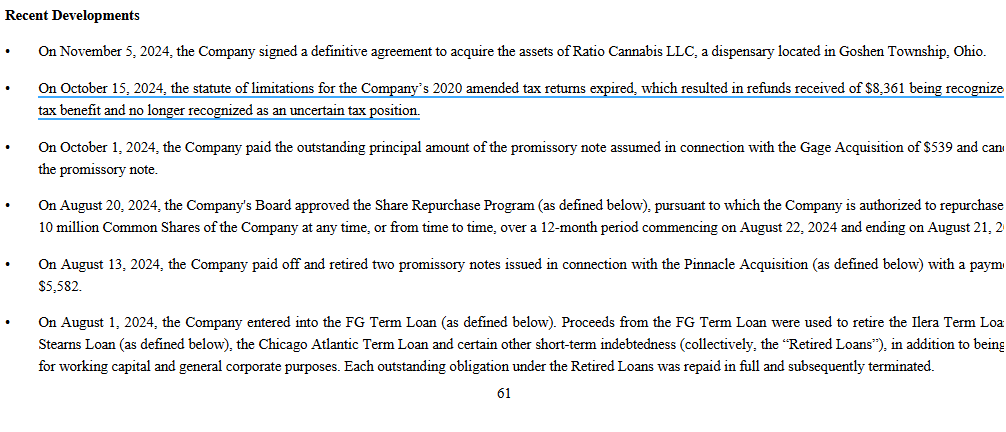 Looks like $TSNDF turned $8.4M of uncertain tax liability into an asset when the statute of limitations expired—suggesting an alternative to rescheduling for these debts, especially with the recent IRS workforce reduction.

cc <a href="/KeithStauffer/">Keith Stauffer</a> <a href="/JasonGWild/">Jason Wild</a> as I'm not a tax expert.