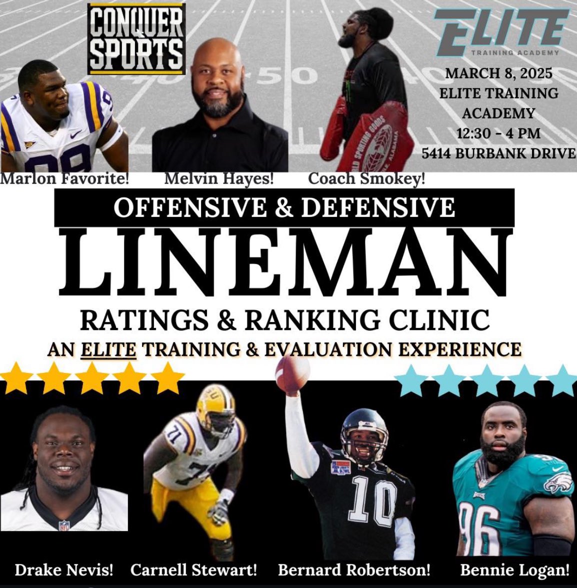 Pierce Hull (@piercehull43) on Twitter photo ❗️CALLING ALL LINEMAN❗️
Want to be trained and be evaluated by the best? Then make sure to sign up below! On March 8th, <a href="/EliteTrainingBR/">Elite Training Academy BR</a> and <a href="/conquersport/">Conquer Sports Pros</a> are hosting the Lineman Ratings and Rankings clinic from 12:30-4:00 for ages 13-18.
tms.ezfacility.com/OnlineRegistra… ❗️CALLING ALL LINEMAN❗️
Want to be trained and be evaluated by the best? Then make sure to sign up below! On March 8th, <a href="/EliteTrainingBR/">Elite Training Academy BR</a> and <a href="/conquersport/">Conquer Sports Pros</a> are hosting the Lineman Ratings and Rankings clinic from 12:30-4:00 for ages 13-18.
tms.ezfacility.com/OnlineRegistra…