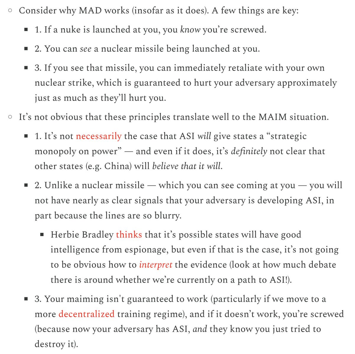 Shakeel (@shakeelhashim) on Twitter photo In today's Transformer Weekly, I take a look at the concept of Mutual Assured AI Malfunction — and consider why it might not work as well as <a href="/DanHendrycks/">Dan Hendrycks</a>, <a href="/alexandr_wang/">Alexandr Wang</a> and <a href="/ericschmidt/">Eric Schmidt</a> hope.
The key point is that I think AI is very different from nukes: In today's Transformer Weekly, I take a look at the concept of Mutual Assured AI Malfunction — and consider why it might not work as well as <a href="/DanHendrycks/">Dan Hendrycks</a>, <a href="/alexandr_wang/">Alexandr Wang</a> and <a href="/ericschmidt/">Eric Schmidt</a> hope.
The key point is that I think AI is very different from nukes: