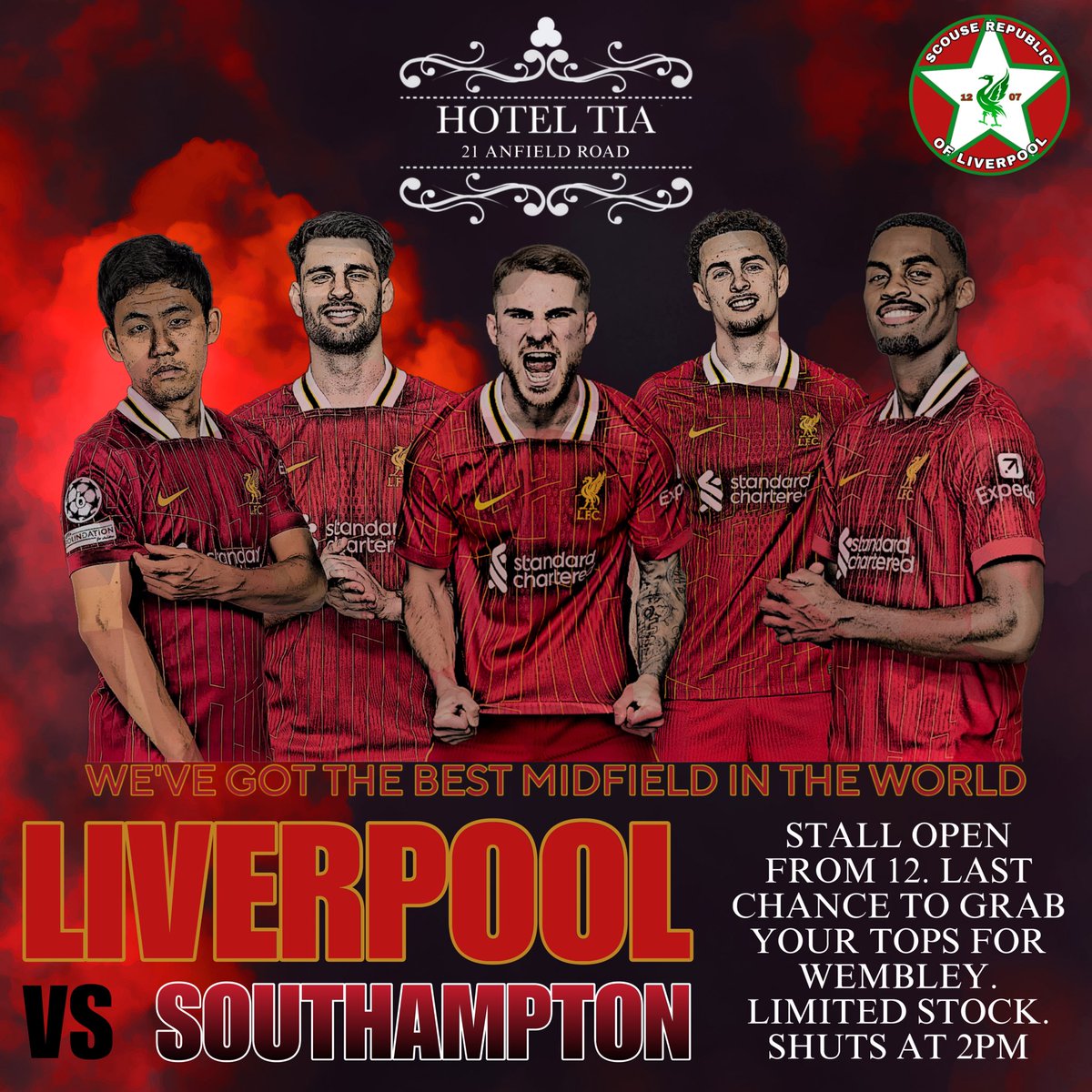 At <a href="/Hotel_Tia/">Hotel Tia</a> on Anfield Road from about 12 tomorrow. Packing down at 2 to get myself in the ground! Call in, say ello and grab a bevvie. Guaranteed a great atmosphere and as always it’ll be boss to see a few of you ✊🏼❤️ The support’s genuinely appreciated
