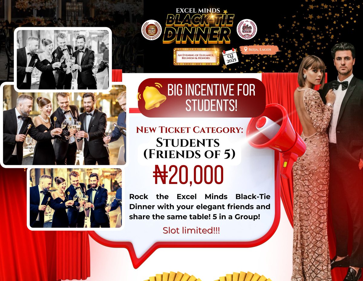 LOOK WHAT WE'VE GOT!

Introducing our Friends of Five incentive with 20% off the original cost.

Gather your friends and enjoy an unforgettable night at the highly anticipated Black-Tie Dinner! Get yours
bit.ly/ExcelMindsBTD

#excelmindsblacktiedinner2025 #ExcelMinds #Students