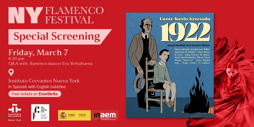 Instituto Cervantes New York (@ic_newyork) on Twitter photo 📽️ El 7 de marzo, proyectaremos en el marco del <a href="/flamencofest/">Flamenco Festival</a> la película «Cante Jondo. Granada 1922», de José Sánchez Montes, con una invitada especial <a href="/EvaYerbabuena/">Eva Yerbabuena</a>.
🎟️FilmCanteJondo7marzo.eventbrite.com 📽️ El 7 de marzo, proyectaremos en el marco del <a href="/flamencofest/">Flamenco Festival</a> la película «Cante Jondo. Granada 1922», de José Sánchez Montes, con una invitada especial <a href="/EvaYerbabuena/">Eva Yerbabuena</a>.
🎟️FilmCanteJondo7marzo.eventbrite.com