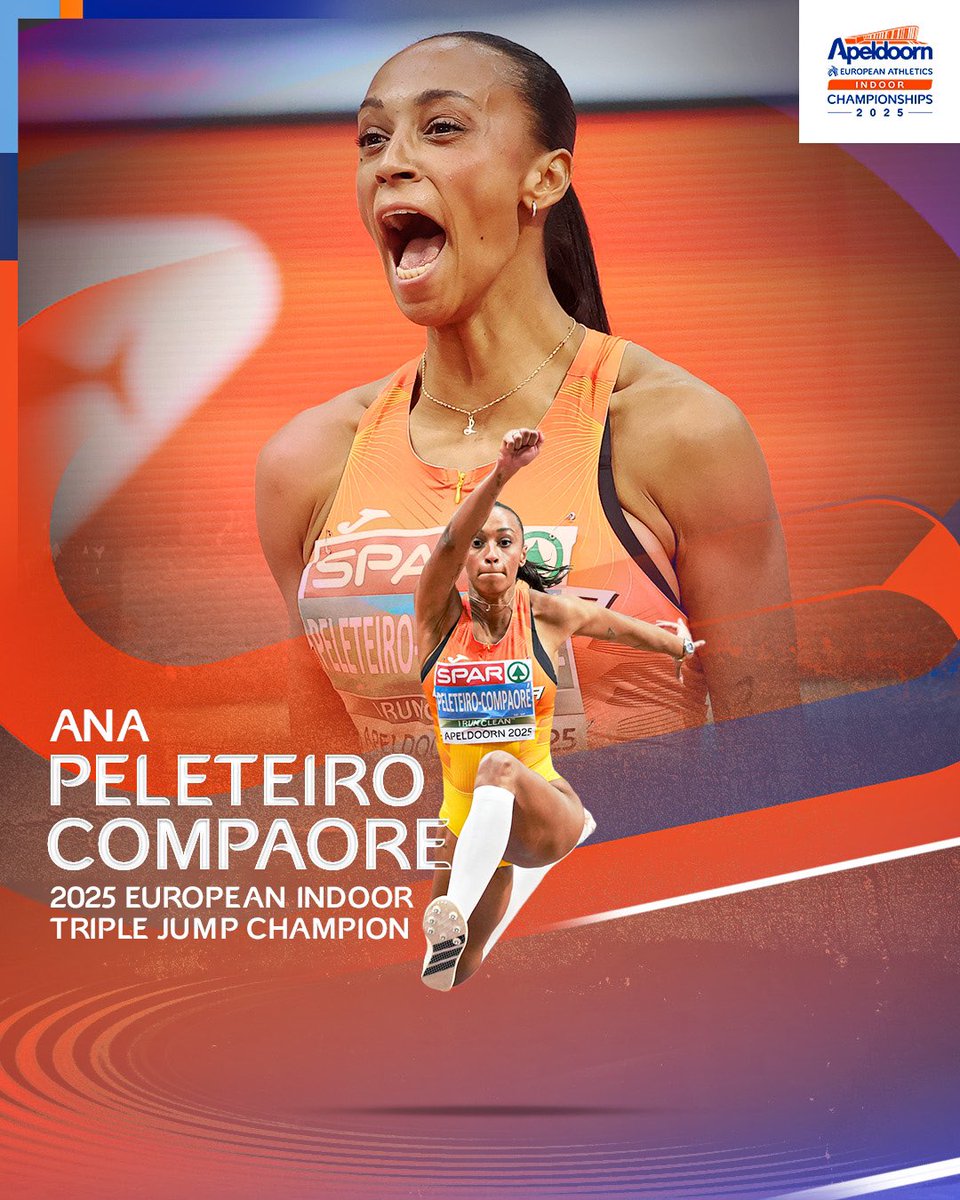 Reina del triple salto! 👑 

🥇 2019
🥇 2025

Ana Peleteiro-Compaore 🇪🇸 regains her European indoor triple jump title with a European lead of 1️⃣4️⃣.3️⃣7️⃣m!

#Apeldoorn2025