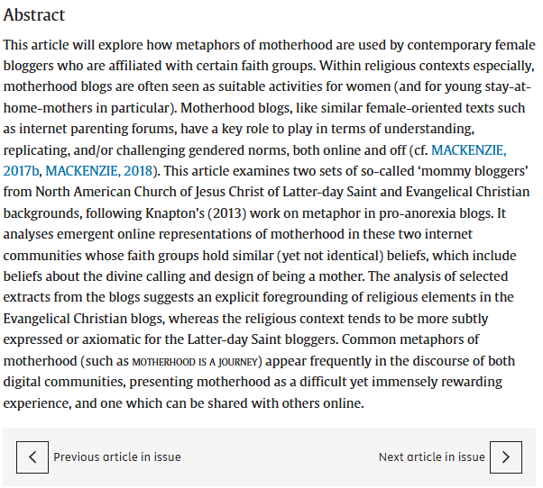 Discourse, Context and Media (@dcmjournal) on Twitter photo 🚨Free access to some articles to commemorate #InternationalWomensDay!
🟪In 2020, <a href="/HelenRingrow/">Dr Helen Ringrow</a> analysed metaphors of motherhood in blogs of 2 religious communities.
🟣Common metaphors (journey, job, season) contextually emphasised gendered parenting.
🔗bit.ly/48c19dP 🚨Free access to some articles to commemorate #InternationalWomensDay!
🟪In 2020, <a href="/HelenRingrow/">Dr Helen Ringrow</a> analysed metaphors of motherhood in blogs of 2 religious communities.
🟣Common metaphors (journey, job, season) contextually emphasised gendered parenting.
🔗bit.ly/48c19dP