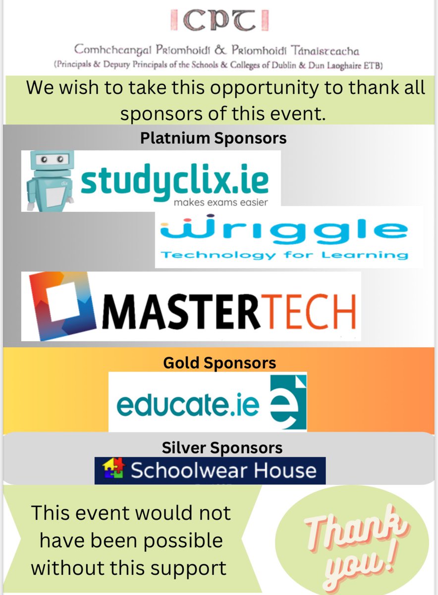 Dublin & Dún Laoghaire ETB (@ddletb) on Twitter photo A Successful CPT Conference 2025 for #ddletb Principals & Deputy Principals (Comhcheangal Príomhoidí agus Príomhoidí Tánaisteacha). Thank You to event sponsors <a href="/Studyclix/">Studyclix</a> <a href="/Gowriggle/">Wriggle</a> <a href="/MasterTech/">Paul</a> <a href="/educateie/">Educate.ie</a> <a href="/schoolwearhouse/">The Schoolwear House</a> & lovely to see our retired colleagues in attendance. A Successful CPT Conference 2025 for #ddletb Principals & Deputy Principals (Comhcheangal Príomhoidí agus Príomhoidí Tánaisteacha). Thank You to event sponsors <a href="/Studyclix/">Studyclix</a> <a href="/Gowriggle/">Wriggle</a> <a href="/MasterTech/">Paul</a> <a href="/educateie/">Educate.ie</a> <a href="/schoolwearhouse/">The Schoolwear House</a> & lovely to see our retired colleagues in attendance.