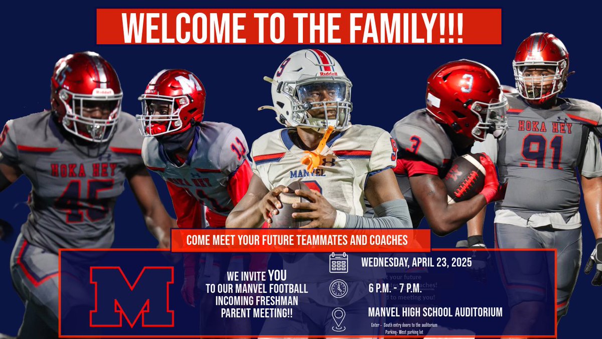 HokaHeyFB (@hokaheyfootball) on Twitter photo SAVE THE DATE:
ALL Incoming Freshman WELCOME to the Family...Manvel Football! HOKA HEY!
<a href="/CoachKirkMartin/">Kirk Martin</a> <a href="/HokaHeyBooster/">Manvel Ath Booster Club πππβΎοΈπ₯β½οΈβ³πββοΈποΈπβπ</a> <a href="/ManvelJH/">Manvel Junior High</a> <a href="/RodeoPalms/">Rodeo Palms Jr. High</a> <a href="/B_AthleticsRPJH/">RPJH Boy's Athletics</a> <a href="/ManvelHS/">Manvel High School</a> <a href="/HokaHeyAP/">HokaHeyAthleticPerformamce</a> #BeDifferent #RecruitManvel #Family SAVE THE DATE:
ALL Incoming Freshman WELCOME to the Family...Manvel Football! HOKA HEY!
<a href="/CoachKirkMartin/">Kirk Martin</a> <a href="/HokaHeyBooster/">Manvel Ath Booster Club πππβΎοΈπ₯β½οΈβ³πββοΈποΈπβπ</a> <a href="/ManvelJH/">Manvel Junior High</a> <a href="/RodeoPalms/">Rodeo Palms Jr. High</a> <a href="/B_AthleticsRPJH/">RPJH Boy's Athletics</a> <a href="/ManvelHS/">Manvel High School</a> <a href="/HokaHeyAP/">HokaHeyAthleticPerformamce</a> #BeDifferent #RecruitManvel #Family