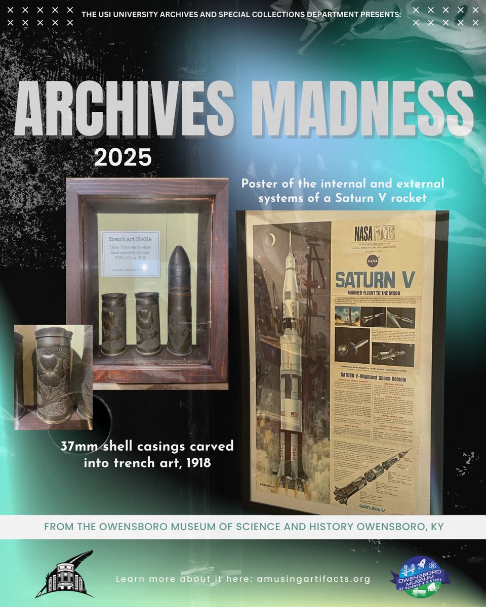 RiceLib's tweet image. Archives Madness 😍

From The Owensboro Museum of Science and History (Owensboro, KY)

- Poster of the internal and external systems of a Saturn V Rocket

- 37mm shell casings carved into trench art, 1918
