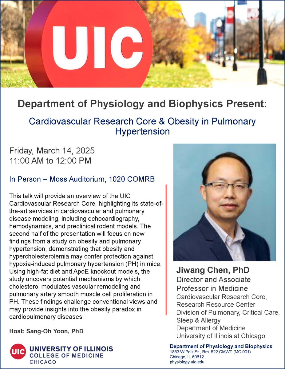 UIC Physiology (@uicphysiology) on Twitter photo Friday, March 14 - <a href="/UICPhysiology/">UIC Physiology</a> Seminar Series welcomes Jiwang Chen, PhD from the University of Illinois at Chicago to present on “Cardiovascular Research Core & Obesity in Pulmonary Hypertension" Friday, March 14 - <a href="/UICPhysiology/">UIC Physiology</a> Seminar Series welcomes Jiwang Chen, PhD from the University of Illinois at Chicago to present on “Cardiovascular Research Core & Obesity in Pulmonary Hypertension"
