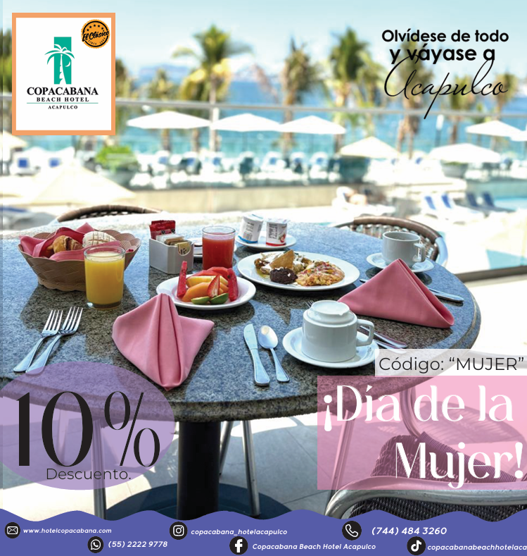 Este 8 de marzo, Copacabana Beach Hotel Acapulco te invita al Restaurante Bahía,  donde podrás disfrutar de un delicioso desayuno buffet con una hermosa. Desde las 7:00 hasta las 12:00 hrs, ofrecemos un descuento especia.Nuestro WhatsApp 55 2222 9778 wa.link/nfo6pf 🩷💜