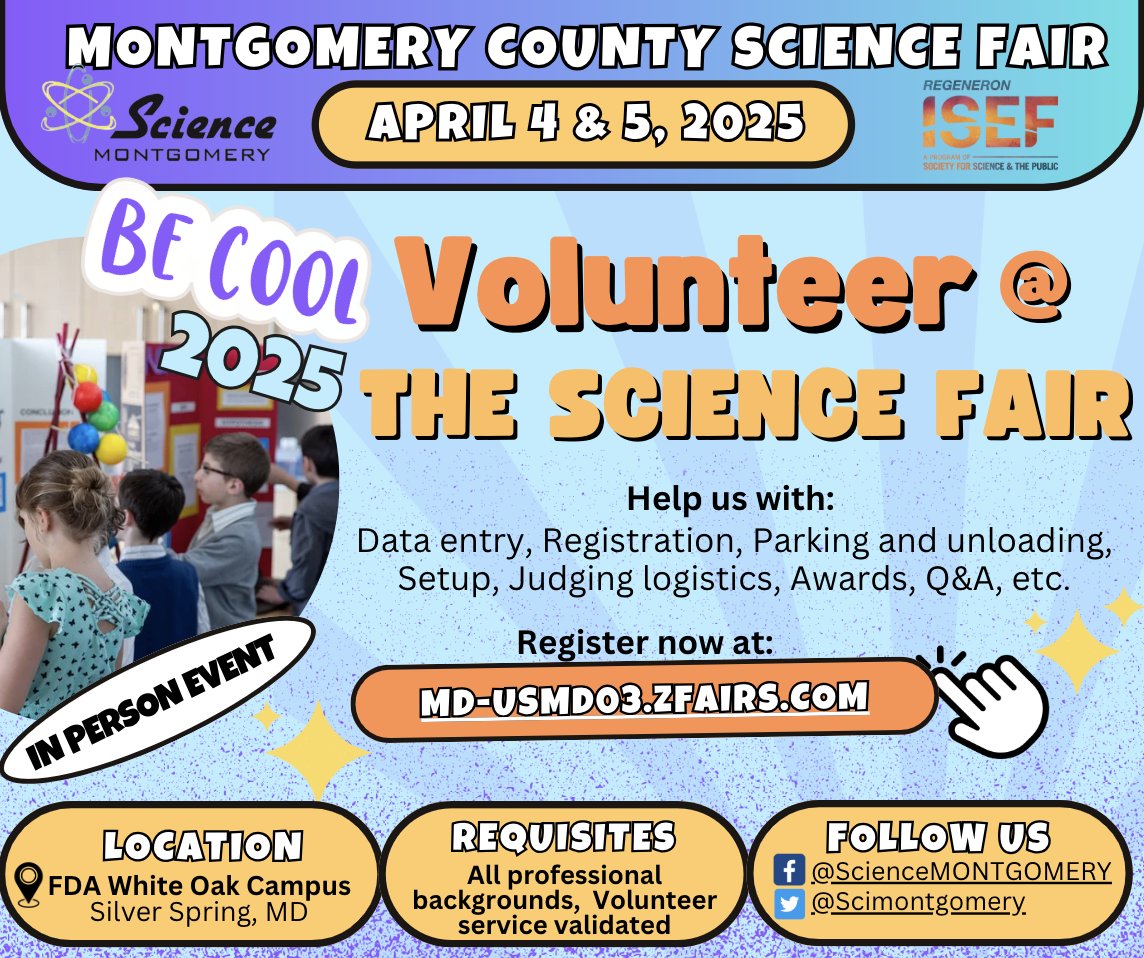Scimontgomery's tweet photo. 🚨Only 1 week left!
We are seeking enthusiastic volunteers from ALL backgrounds, aged 18+, to help make the 2025 Montgomery County Science Fair a success!
If you're eager to support young scientists, sign up now at https://t.co/qtlrMgeA1w
#VolunteerWork #ScienceMONTGOMERY https://t.co/j8eOm66eO1
