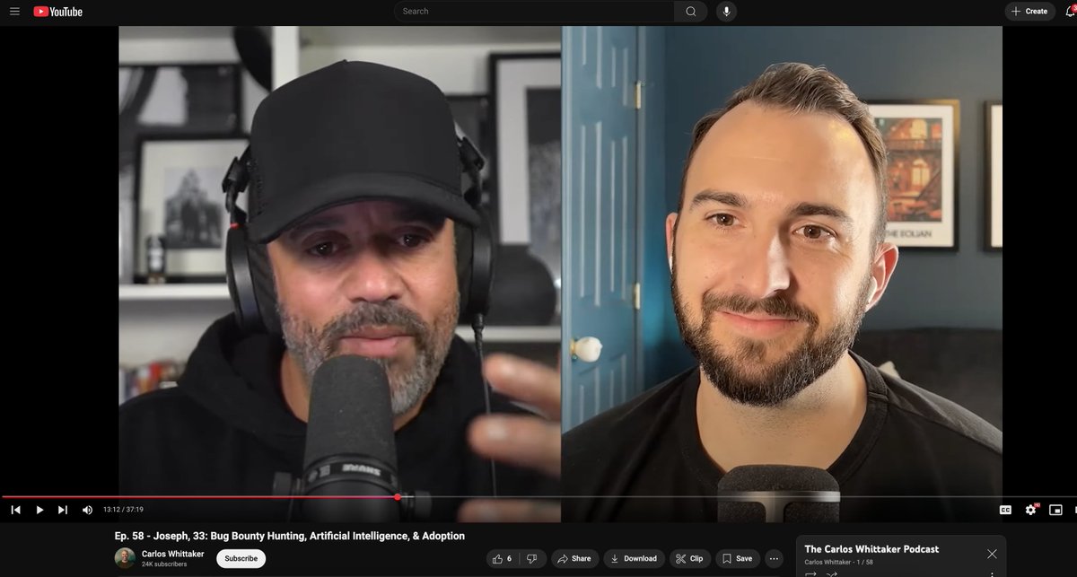 I was on the <a href="/loswhit/">Carlos Whittaker</a> podcast talking about bug bounty, AI, and my faith/family. 

I explain why we can be optimistic about Security and AI  😊 I think you (and your mom) will love it! (link in first reply)