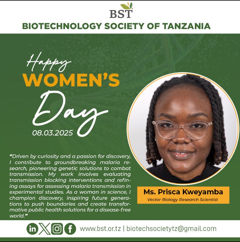 BiotechnologyTZ's tweet photo. Today, we celebrate the limitless potential of women in science, including the brilliant Prisca Kweyamba pushing boundaries for a disease free world!
Happy Women’s Day! 💪🏽
#WomenInSTEM #BiotechForTheFuture #BST #IWD2025 https://t.co/tqWltfPH8J
