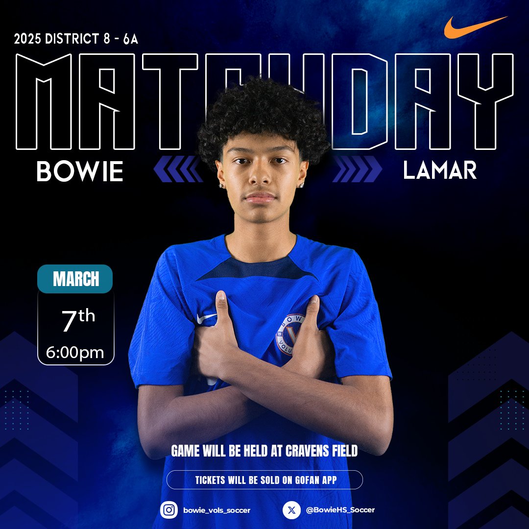 🚨District Matchday!🚨

🆚Lamar HS
🕕6:00pm Varsity, 4:30pm JV1, 8:00pm JV2
📍Cravens Field
#BowieNeverQuits